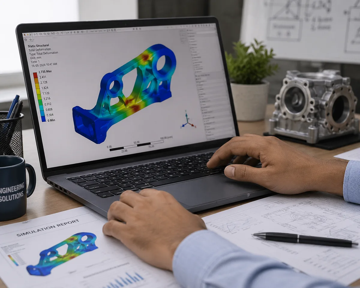 Engineer reviewing a structural FEA deformation plot of a bracket alongside a printed simulation report