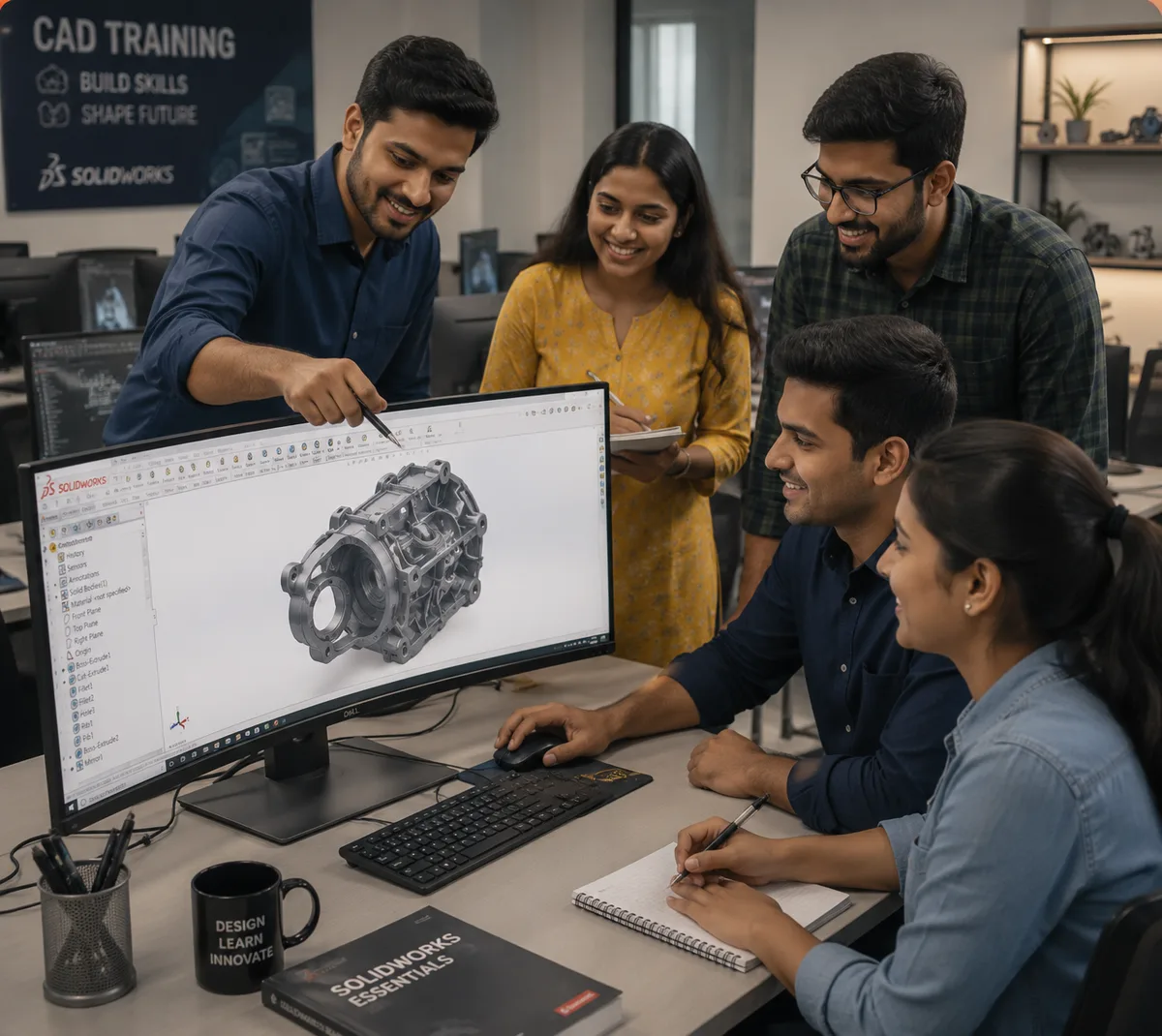 Instructor walking a group of students through a SolidWorks model of a gearbox housing