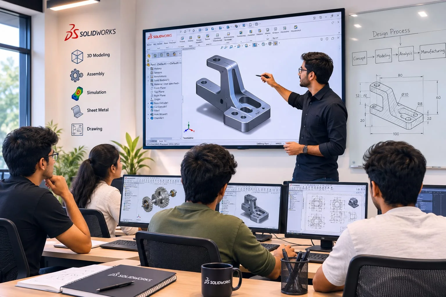 Instructor teaching a CAD training session to students modelling a gear assembly in SolidWorks