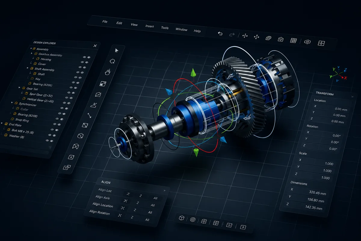 Exploded gearbox assembly modelled in CAD, with the design tree and transform panel visible