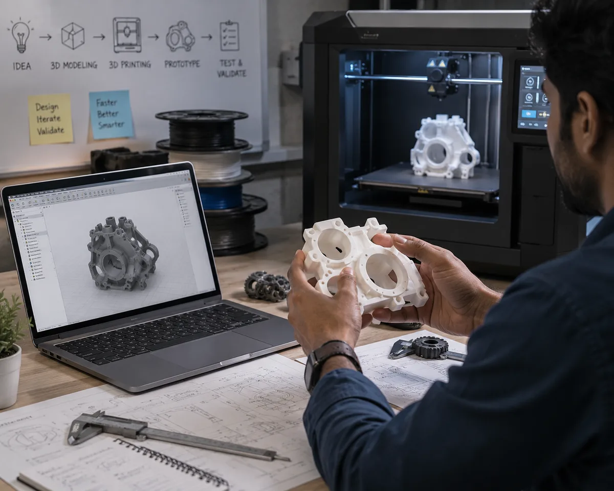 Engineer inspecting a 3D-printed housing next to its CAD model and a running FDM printer