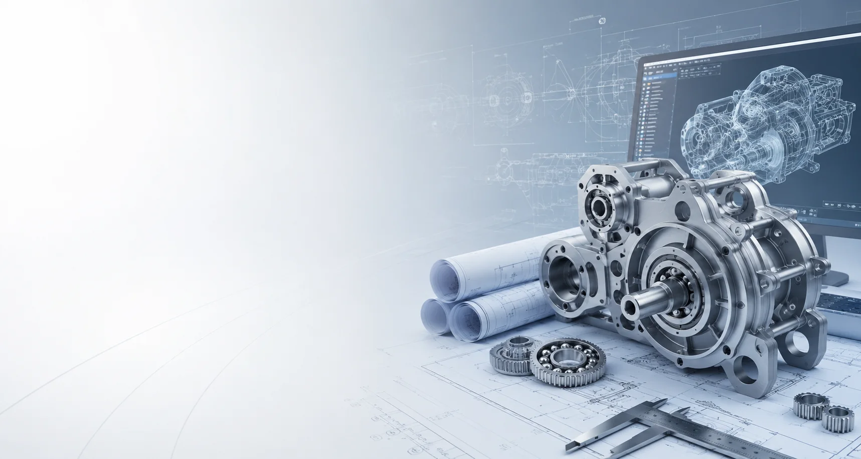 Mechanical assembly, engineering drawings, and CAD model of a gearbox