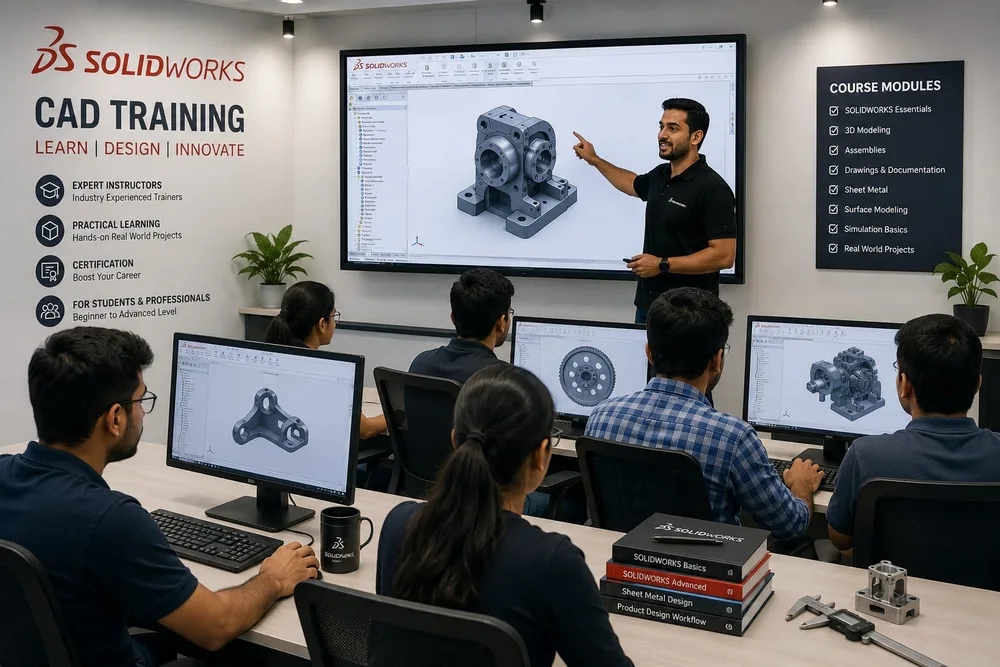 CAD training session with a 3D model on screen